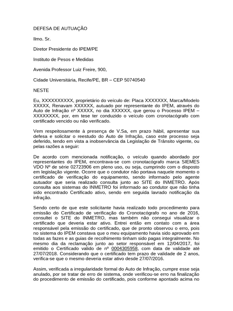 Defesa de Auto de Infração do INMETRO | PDF