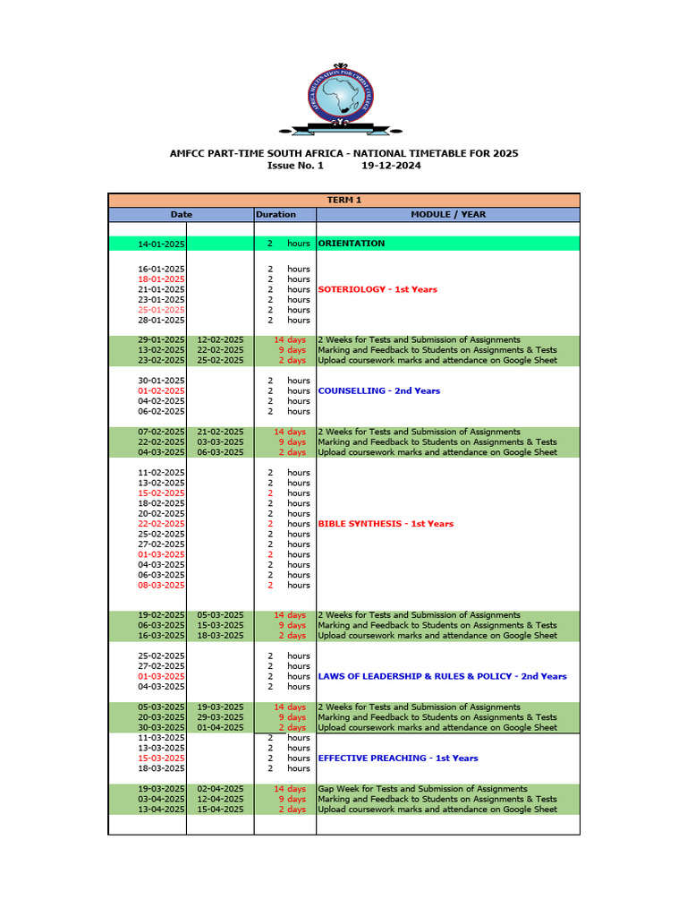 AMFCC Part-Time Timetable 2025 | PDF | Theology | Protestantism
