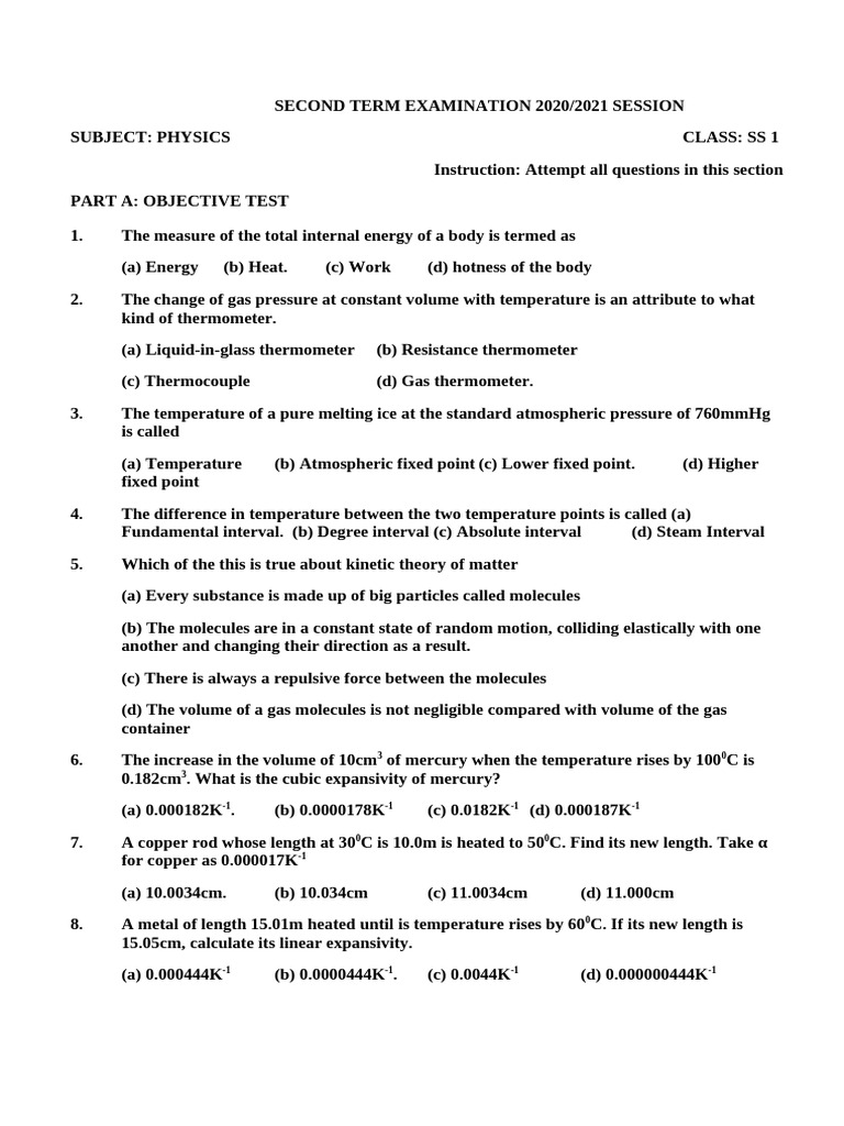 SS1 Physics Second Term Exam 2021 | PDF | Chemical Reactions | Chemical ...