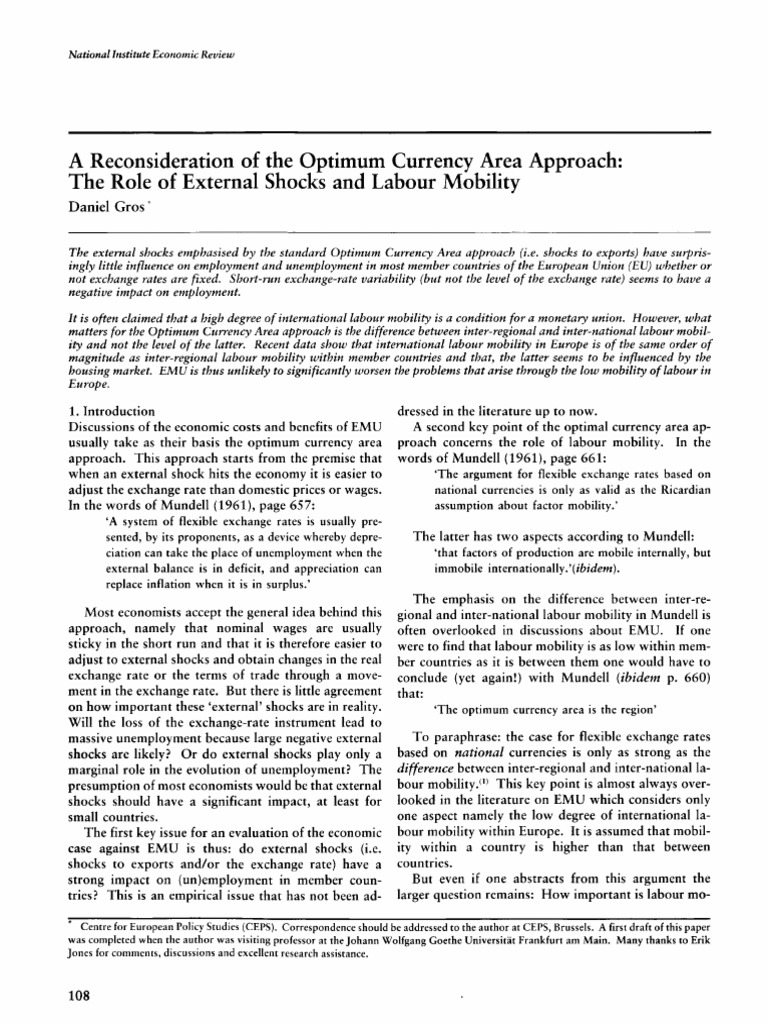 Gros, D. A Reconsideration of The Optimum Currency Area Approach | PDF ...