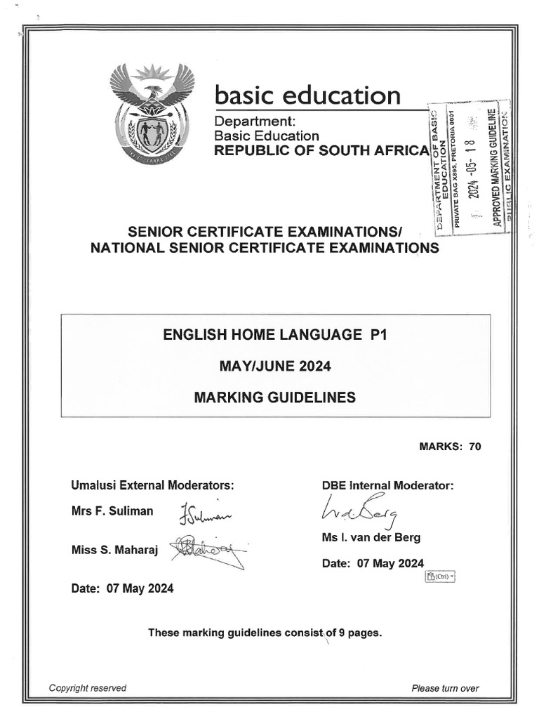 English HL P1 May-June 2024 Approved Marking Guideline | PDF