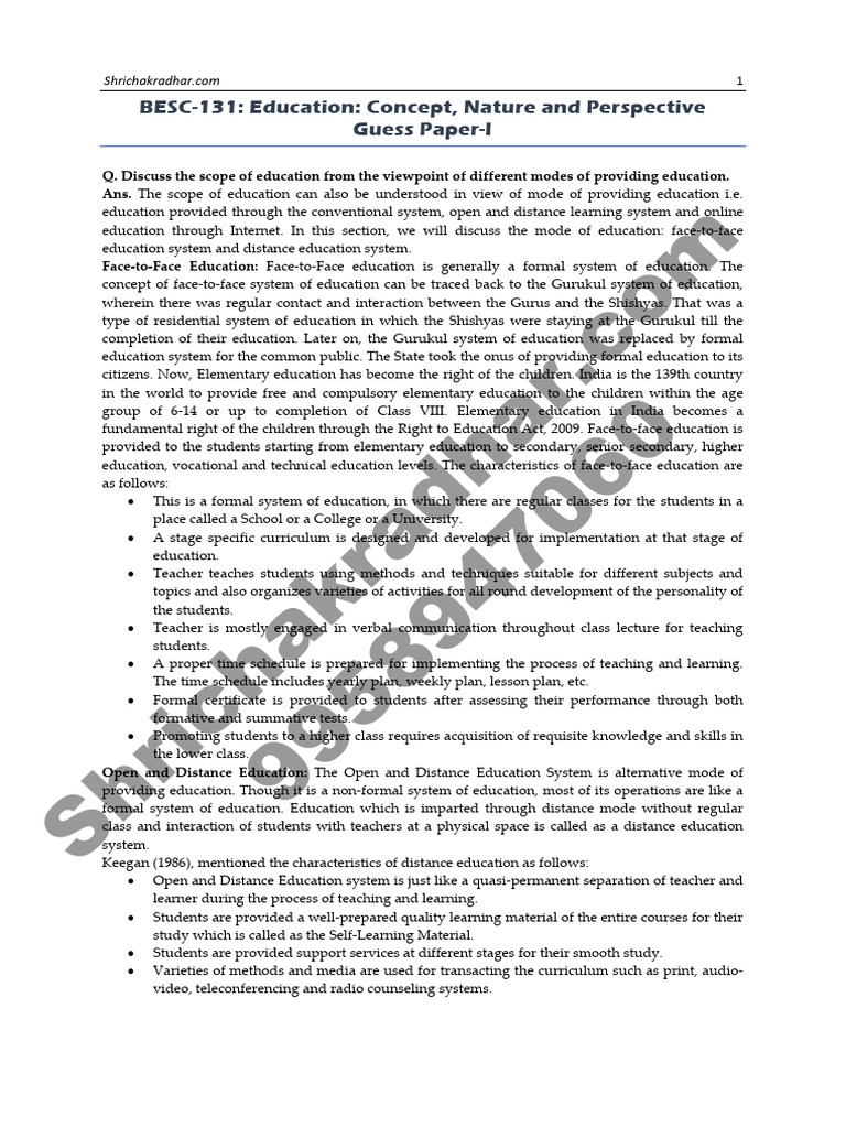 BESC-131 GUESS PAPER ENGLISH | PDF | Distance Education | Learning