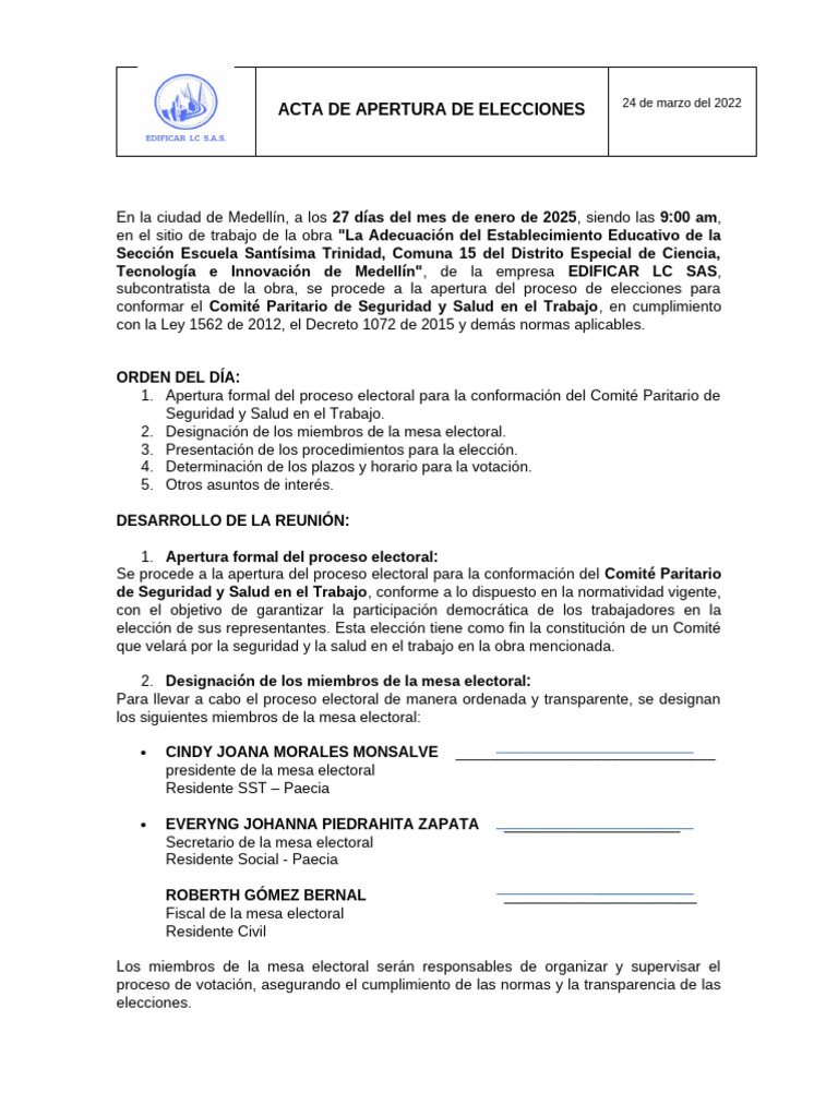 Acta de Apertura de Elecciones Copasst | PDF | Votación | Elecciones