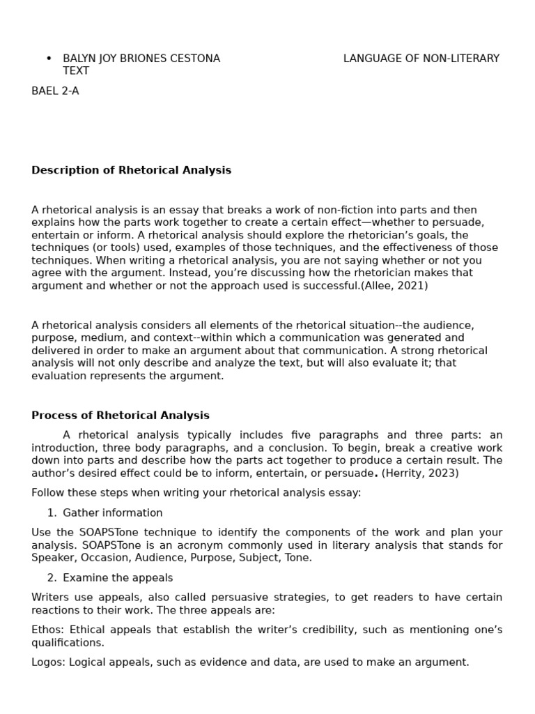 Rhetorical Analysis of Non-Literary Texts | PDF | Rhetoric | Essays