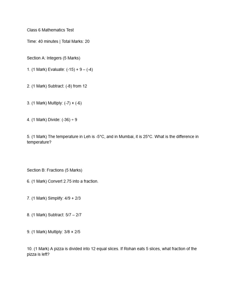 Class 6th Test | PDF