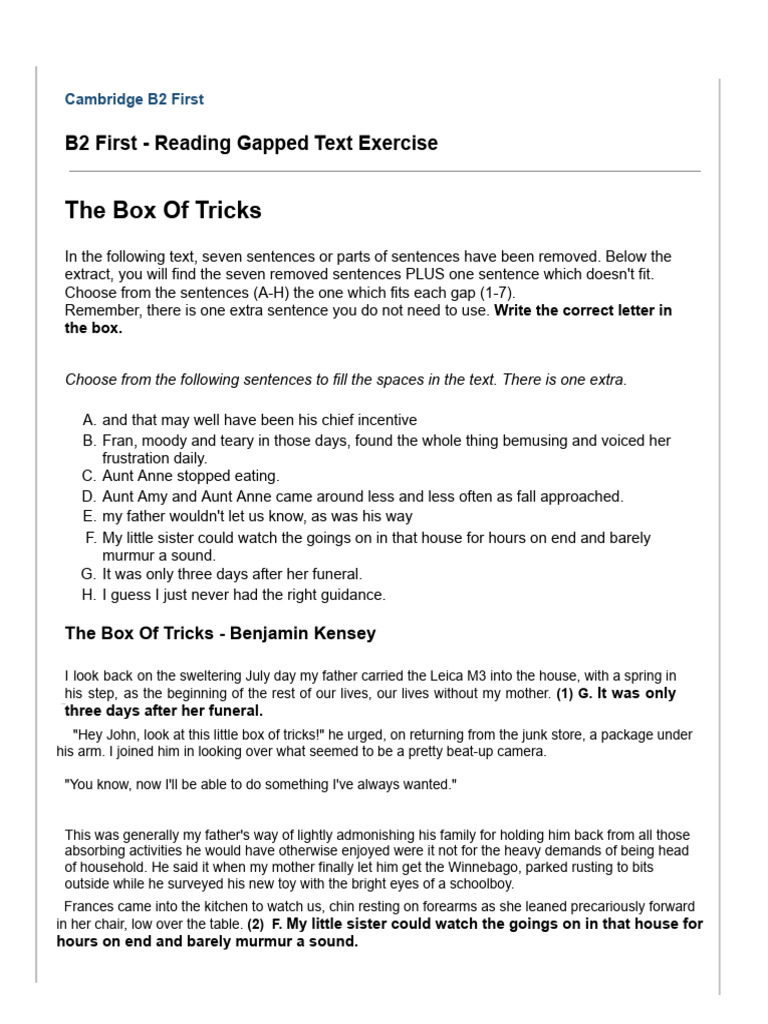 B2 Gapped Text Exercise Overview | PDF | Linguistics | Grammar