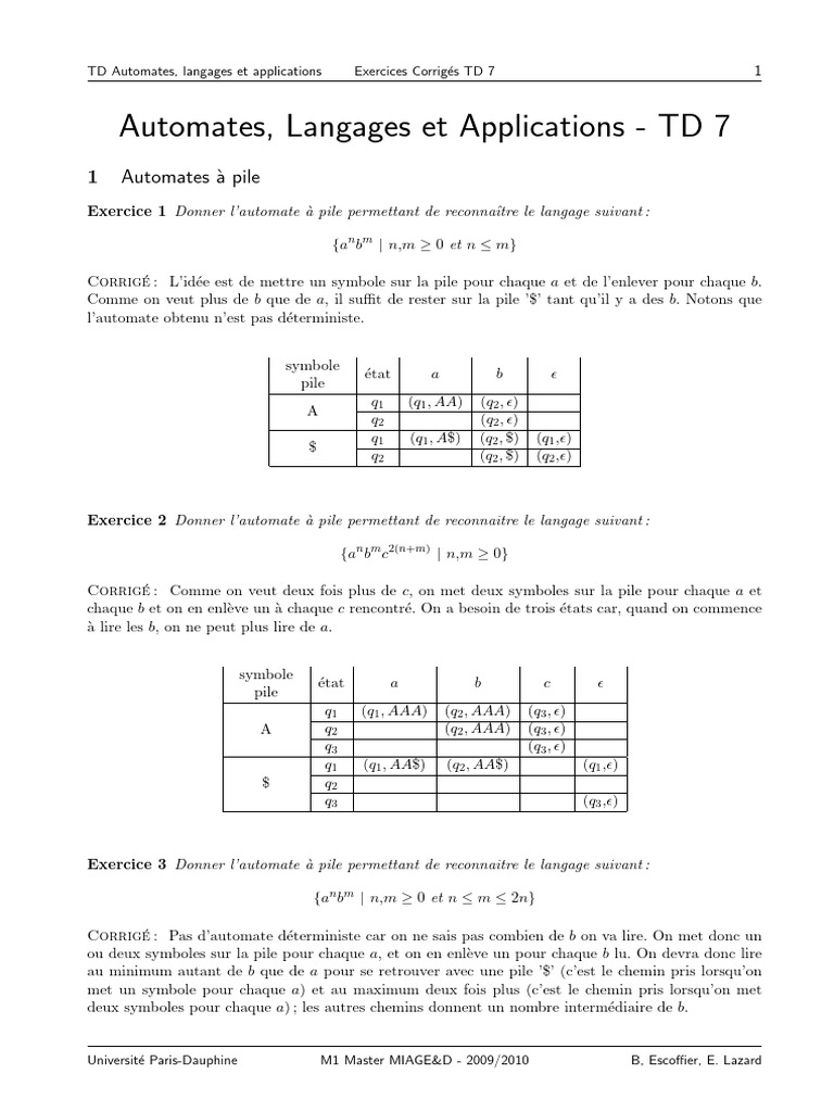 Automates à Pile : Exercices TD 7 | PDF