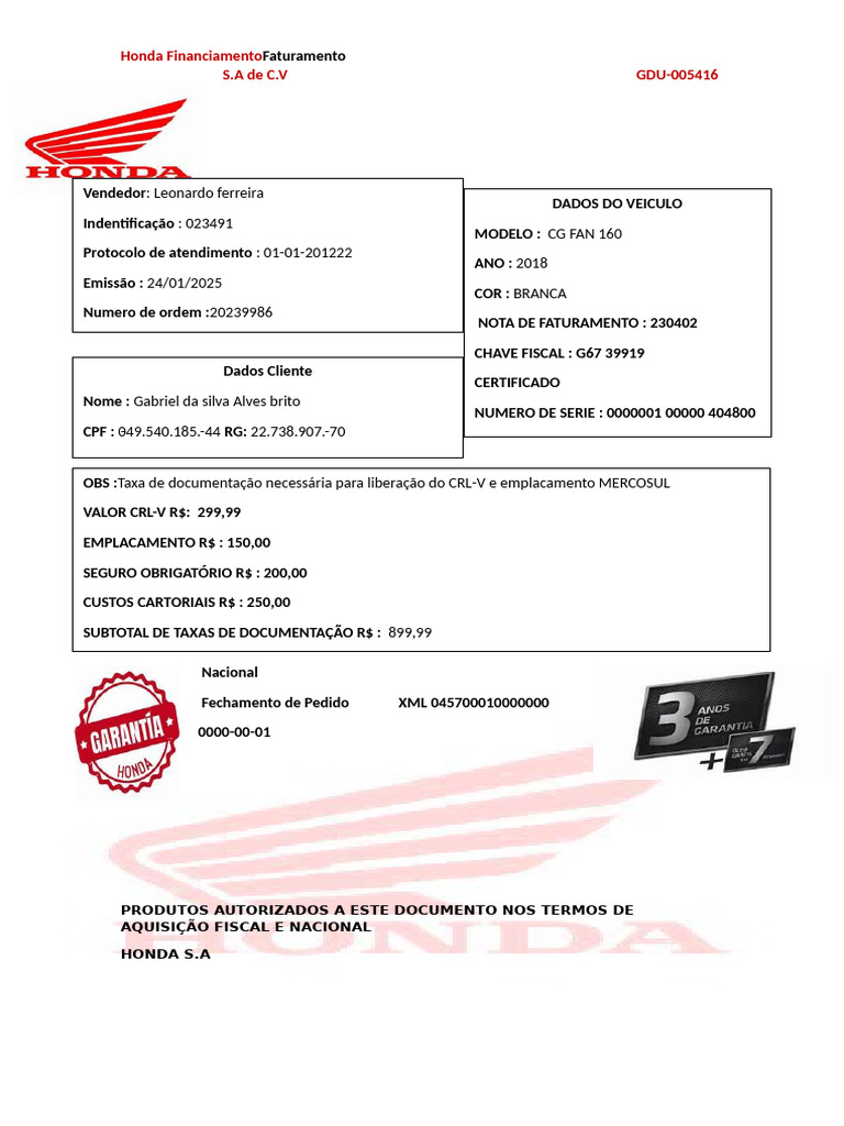 Nota Fiscal Moto Honda 2018 | PDF