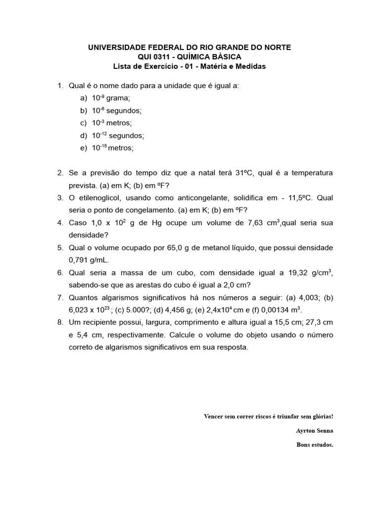 Lista de Exercicio Cap.01 - Qumica Bsica | PDF
