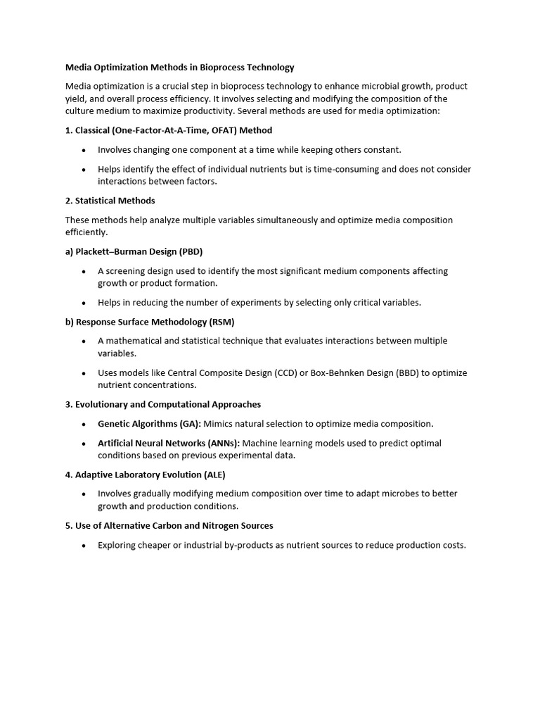 Media Optimization Methods In Bioprocess Pdf