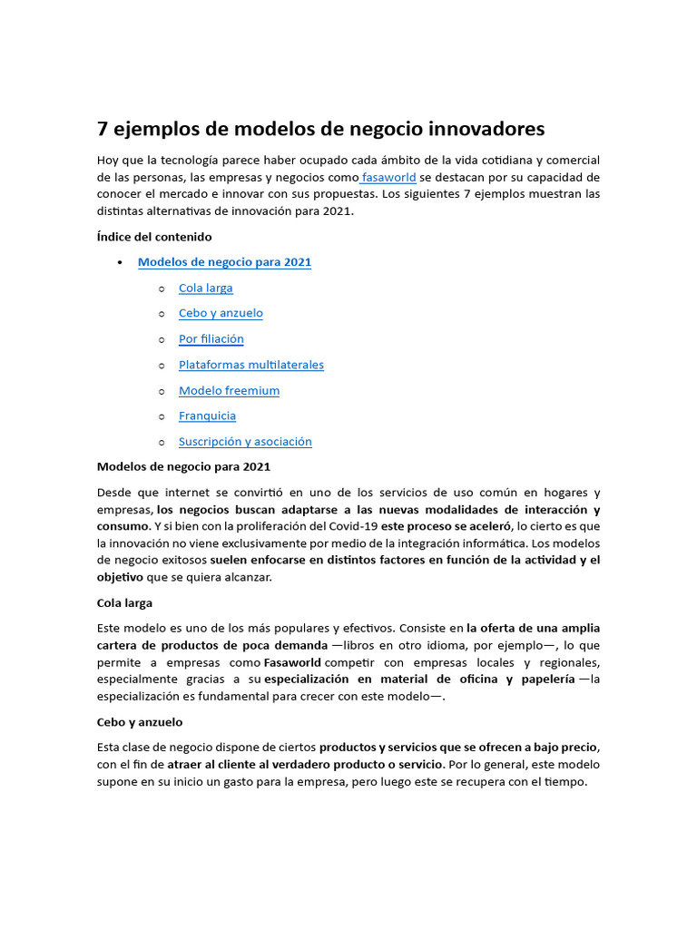 7 Ejemplos de Modelos de Negocio Innovadores | PDF | Modelo de negocio ...