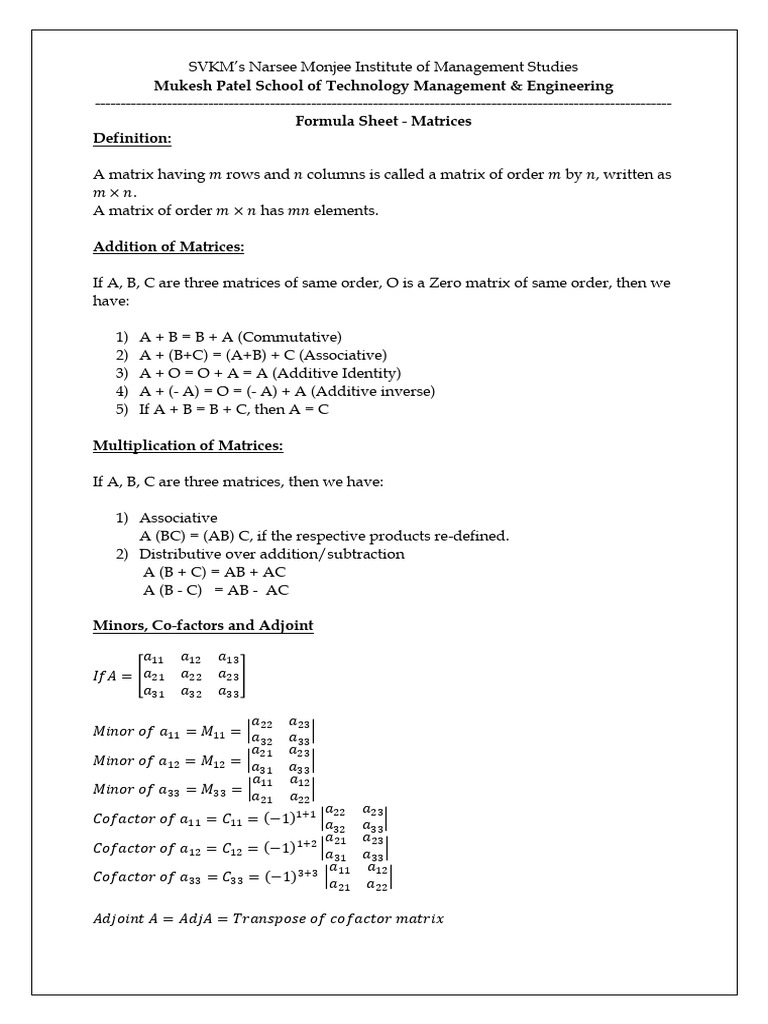 Sem IV 2022 Unit1 Formula Sheet | PDF | Matrix (Mathematics ...