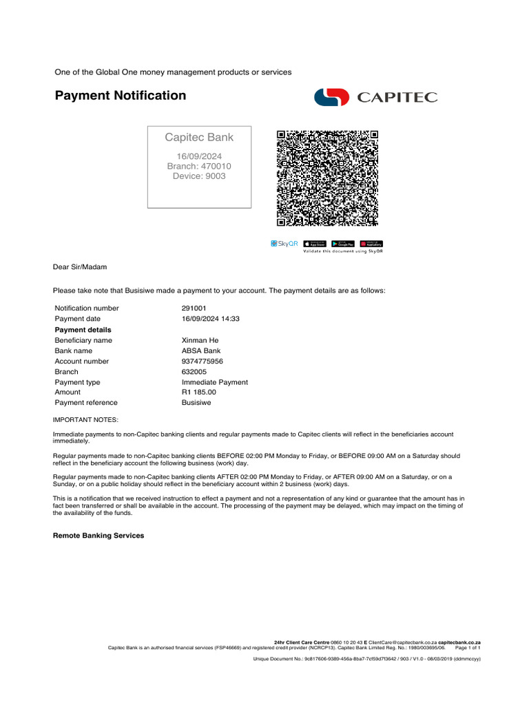 Capitec Bank Payment Notification Details | PDF
