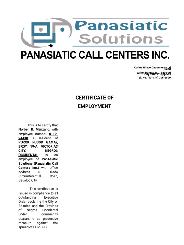 PanAsiatic Solutions Employment Certificate | PDF