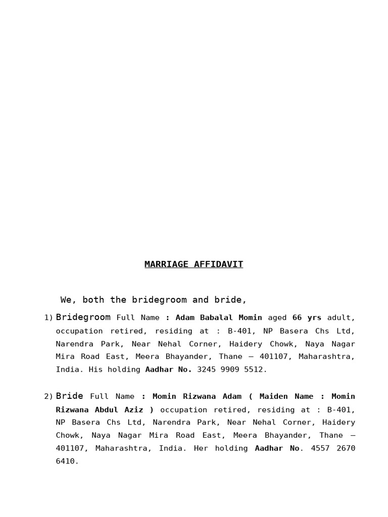 Adam Babalal Momin - MARRIAGE AFFIDAVIT | PDF