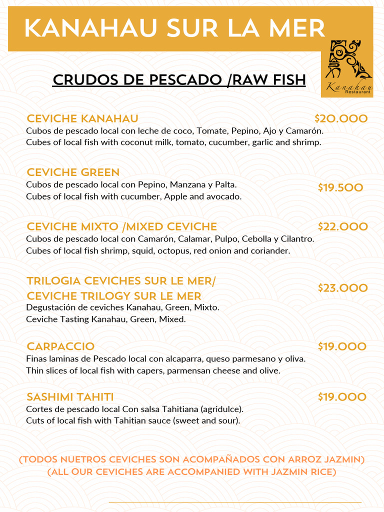 Menú de Kanahau Sur La Mer | PDF | ensalada | Papas fritas