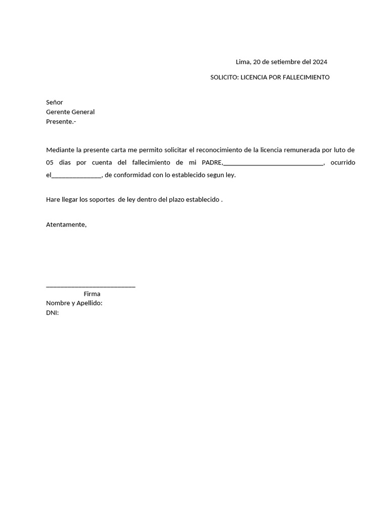 Solicitud de Licencia por Luto en Lima | PDF