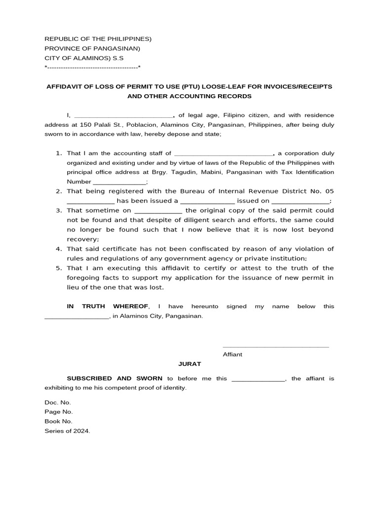 Affidavit of Loss: PTU Loose-Leaf | PDF
