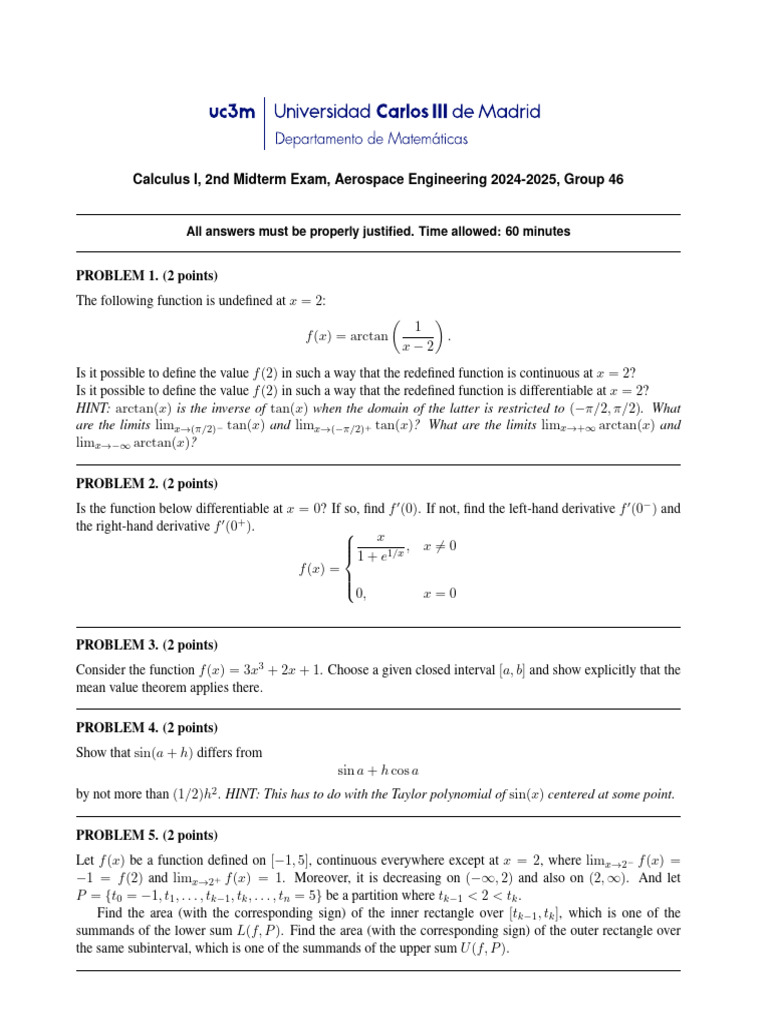 Calculus I Midterm Exam Solutions | PDF | Function (Mathematics ...