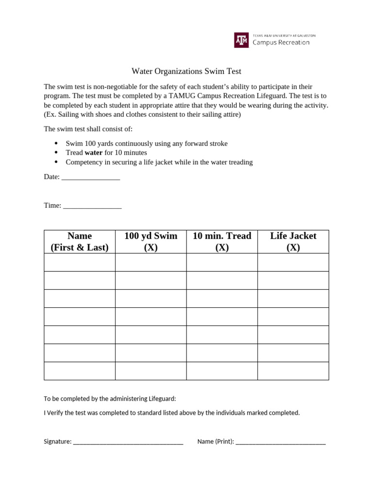 Water Organizations Swim Test | PDF