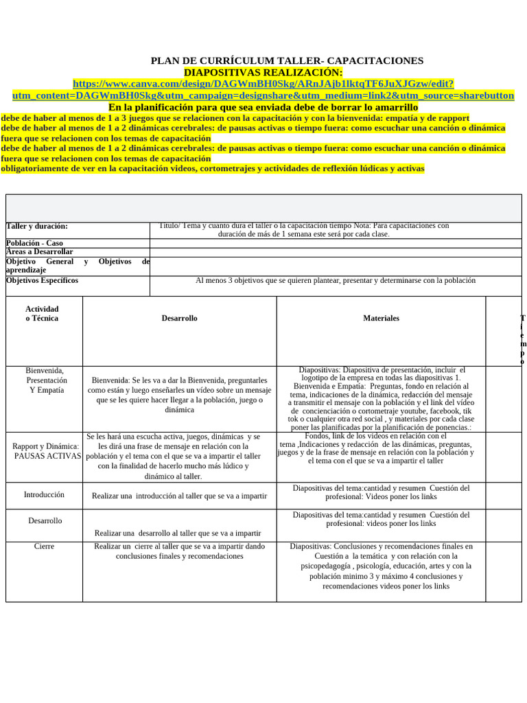 Planificación de Talleres y Capacitación | PDF