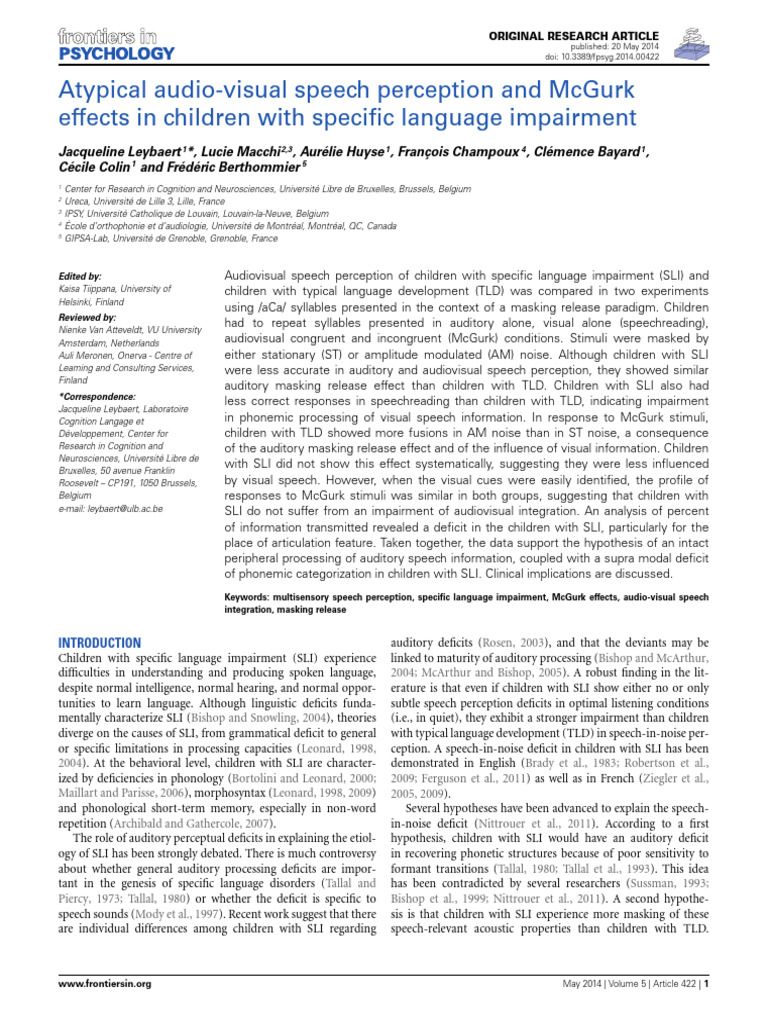 Atypical Audio-Visual Speech Perception and Mcgurk Effects in Children ...