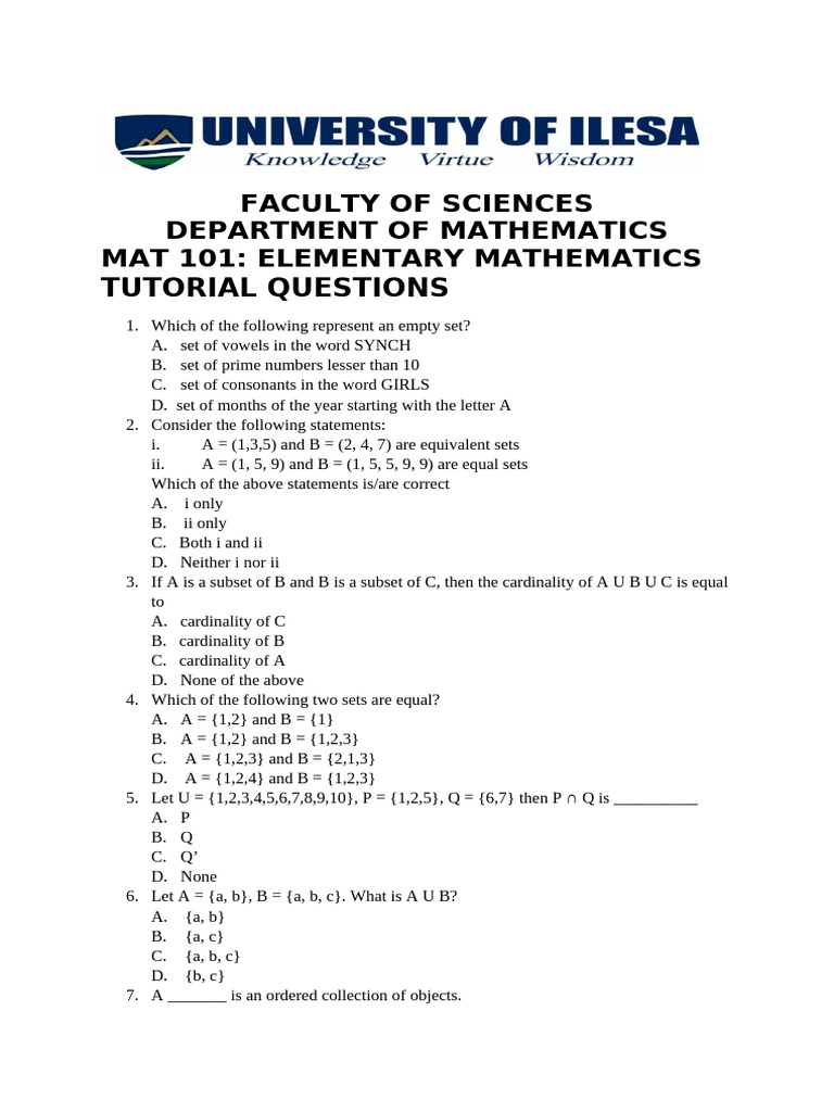 MAT 101: Elementary Mathematics Questions | PDF | Set (Mathematics ...