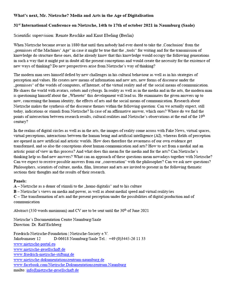 Nietzsche and Digital Culture Conference | PDF | Reality | Friedrich ...