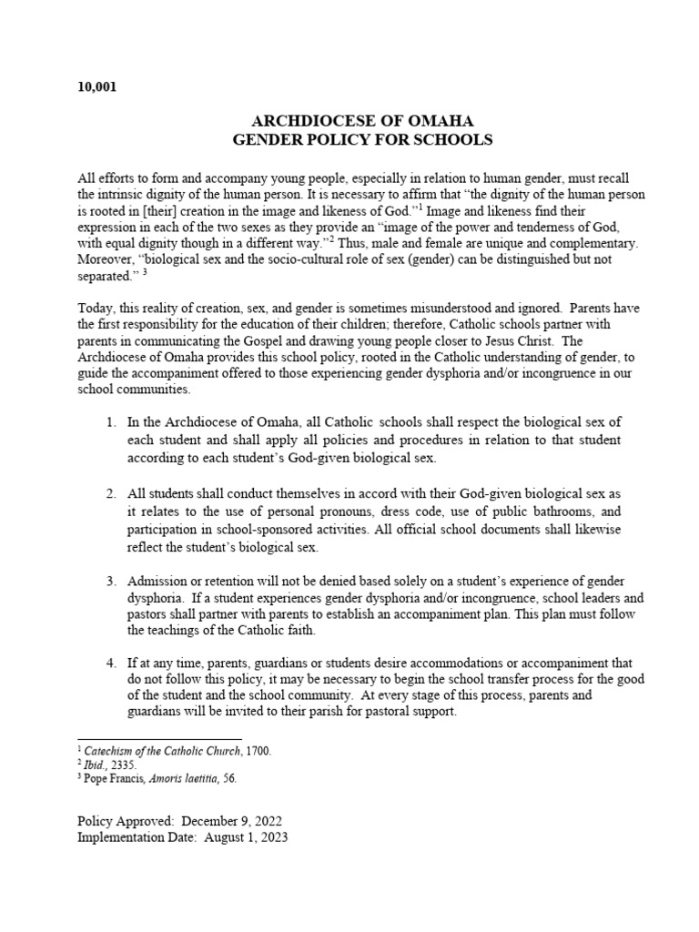 Omaha Archdiocese Gender Policy Guide | PDF | Catholic Church | Gender