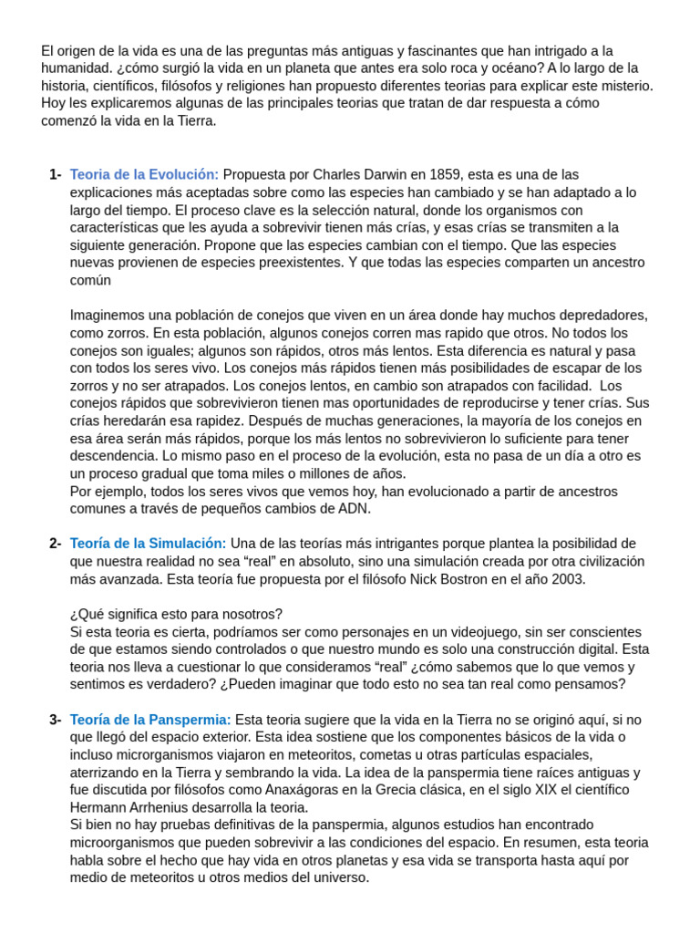 Teorias Del Origen de La Vida | PDF | Evolución | Biología
