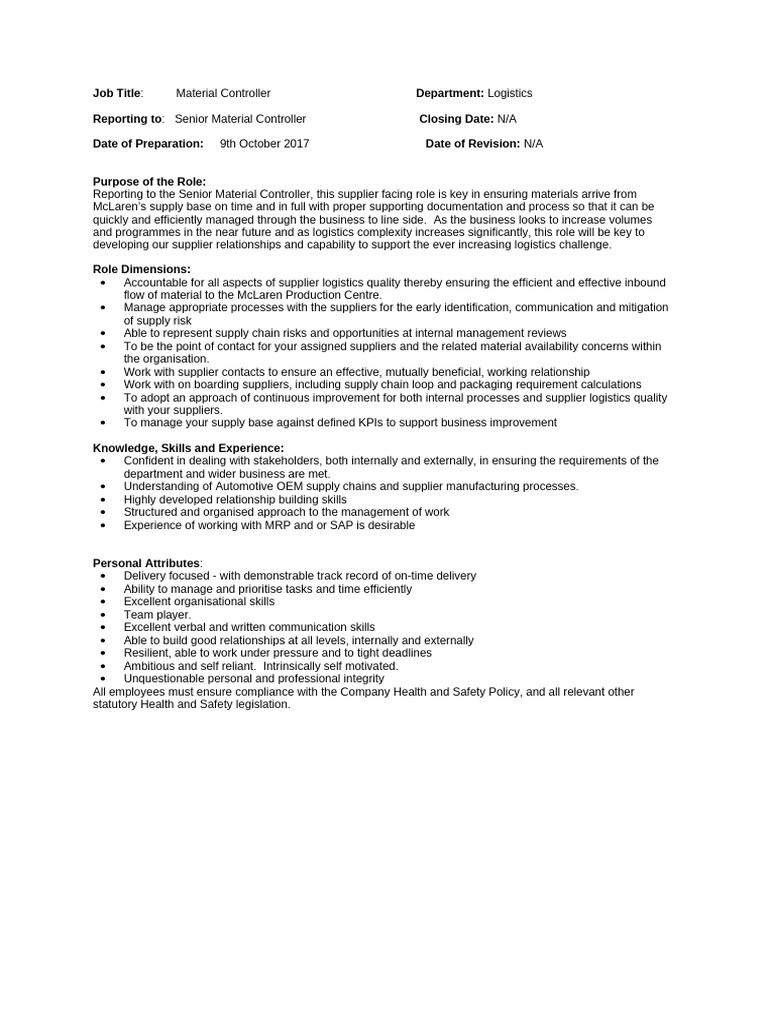 Material Controller Role Overview | PDF | Supply Chain | Logistics