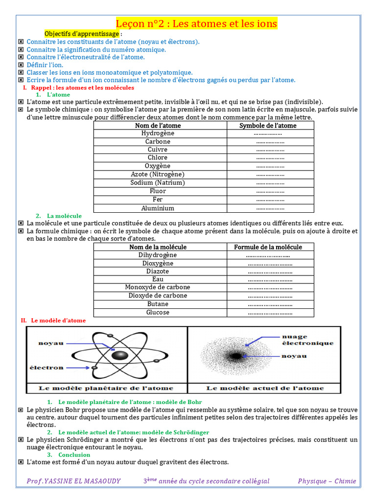 Les Atomes et Ions en 3ème | PDF | Ion | Atomes
