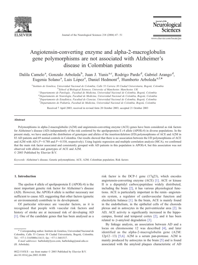 ACE and A2M Polymorphisms in Alzheimer's | PDF | Apolipoprotein E ...