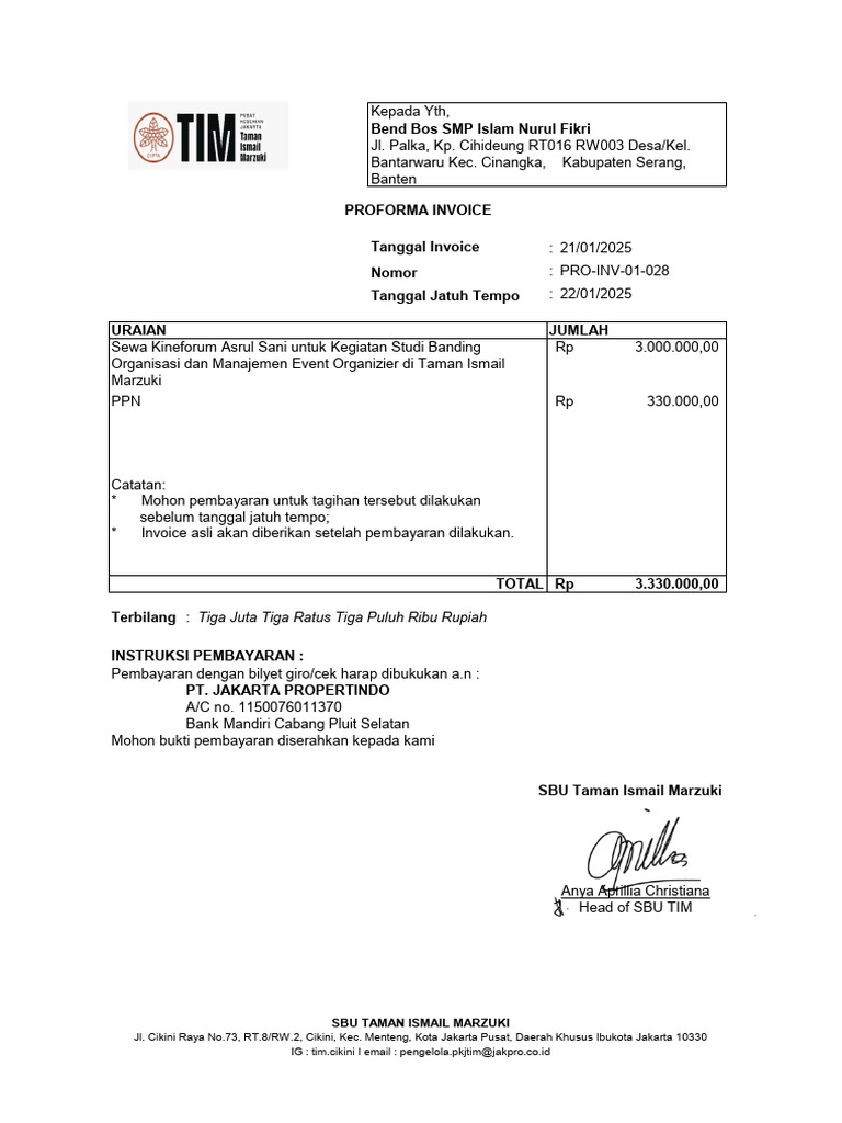 Proforma Invoice Sewa Kineforum TIM | PDF
