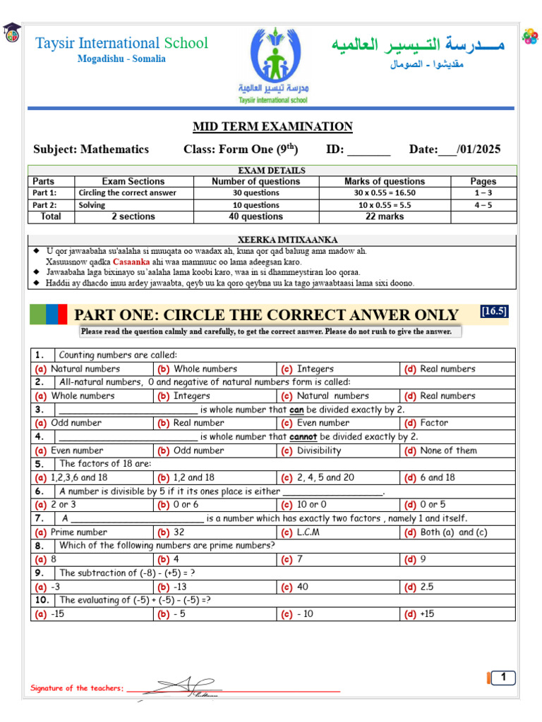 Math 9th Mid Term 2025 2025 Pdf Arithmetic Elementary
