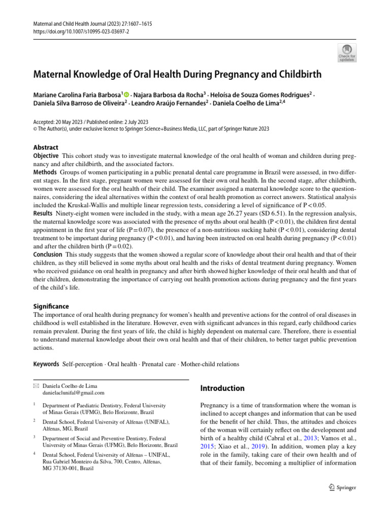Maternal Knowledge of Oral Health in Pregnancy | PDF | Pregnancy ...