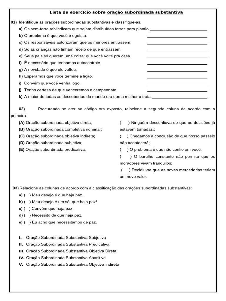 Lista de Exercício Revisional Sobre Oração Subordinada Substantiva | PDF