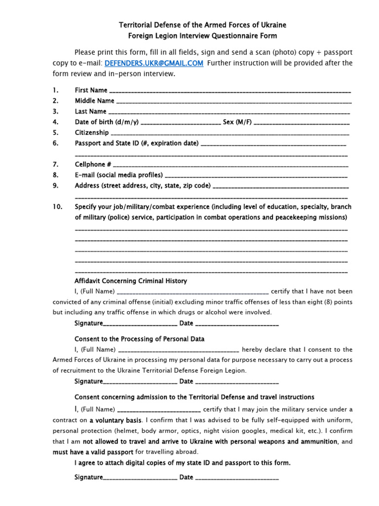 Ukraine Foreign Legion Application Form | PDF | Passport | National ...