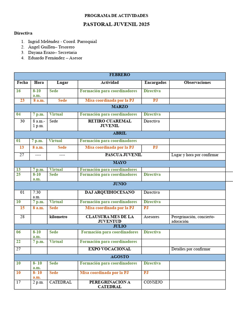 Actividades Pastoral Juvenil 2025 | PDF
