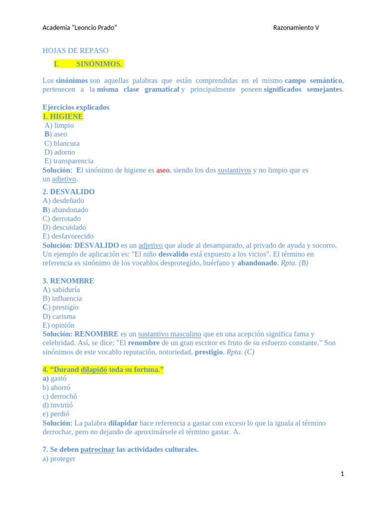 Sinónimos y Ejercicios de Razonamiento | PDF | Comprensión lectora ...