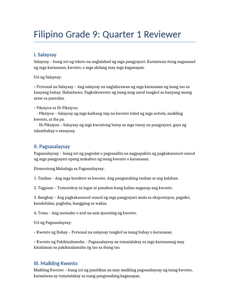 Filipino Grade 9 Quarter 1 Reviewer | PDF