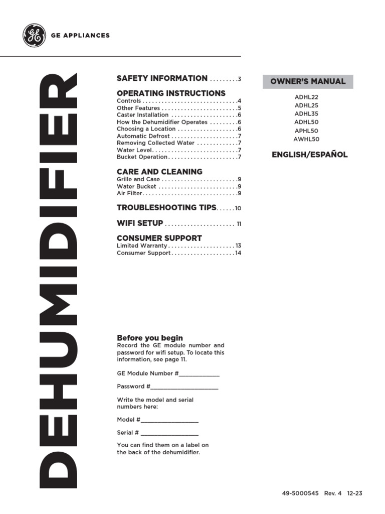 GE 50 Pint Dehumidifier Owner's Manual | PDF | Ac Power Plugs And Sockets | Electromagnetic ...