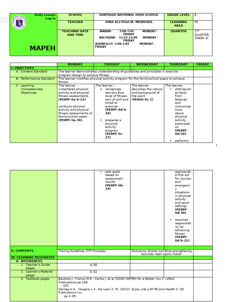 Q2 Grade 8 PE DLL Week 1 SY 2024-2025 | PDF | Learning | Physical Fitness