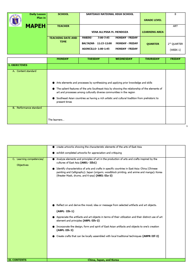 Q2 Grade 8 Arts DLL Week 1 SY 2024-2025 | PDF | Paintings | East Asia