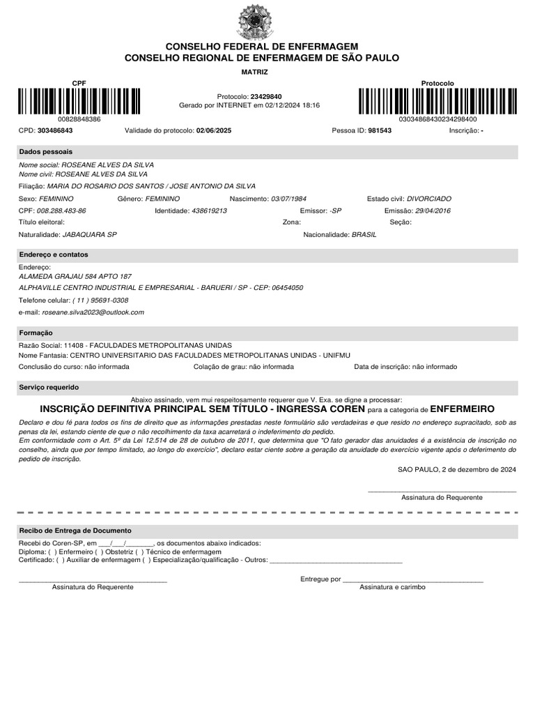 Requerimento de Inscrição COREN-SP | PDF | Enfermagem