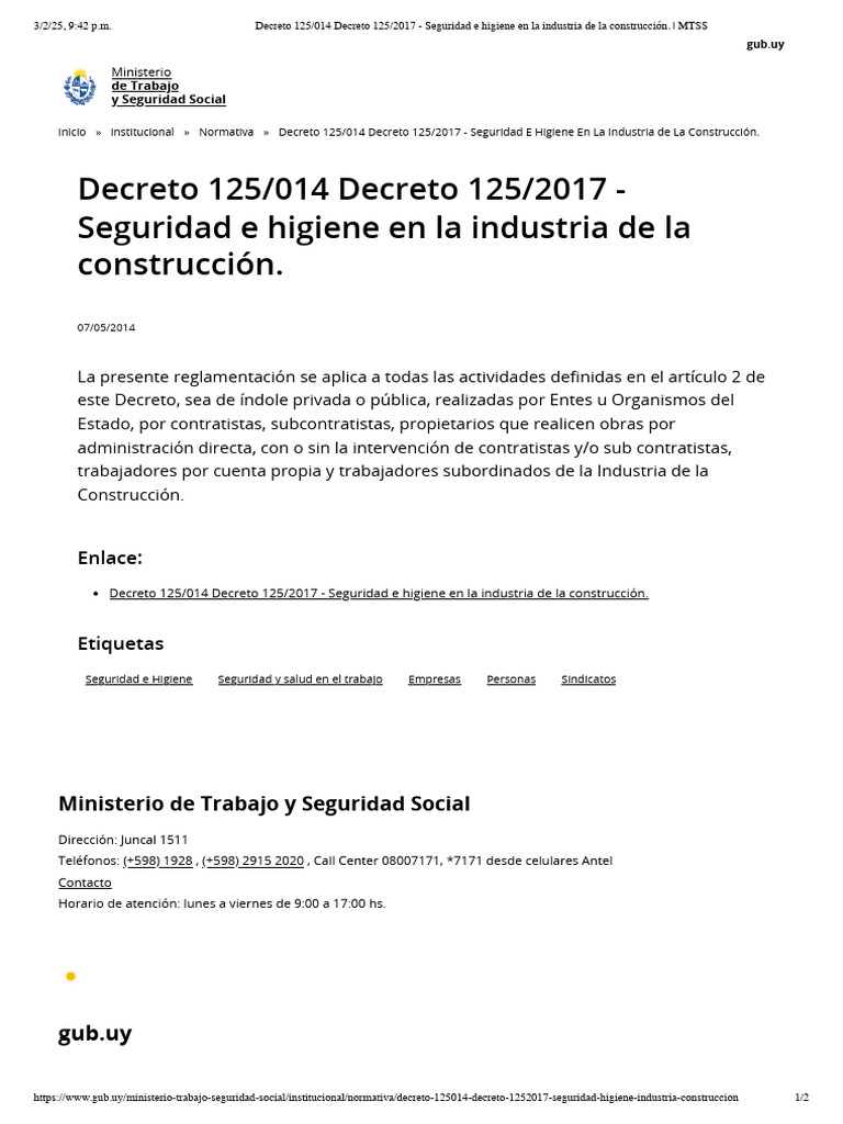 Decreto 125 - 014 Decreto 125 - 2017 - Seguridad e Higiene en La ...
