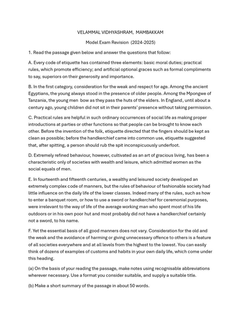 Model Revision Questions | PDF | Etiquette