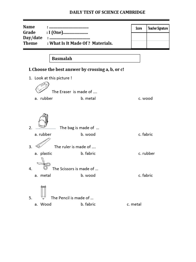Grade 1 Science: Materials Quiz | PDF | Secondary Sector Of The Economy ...