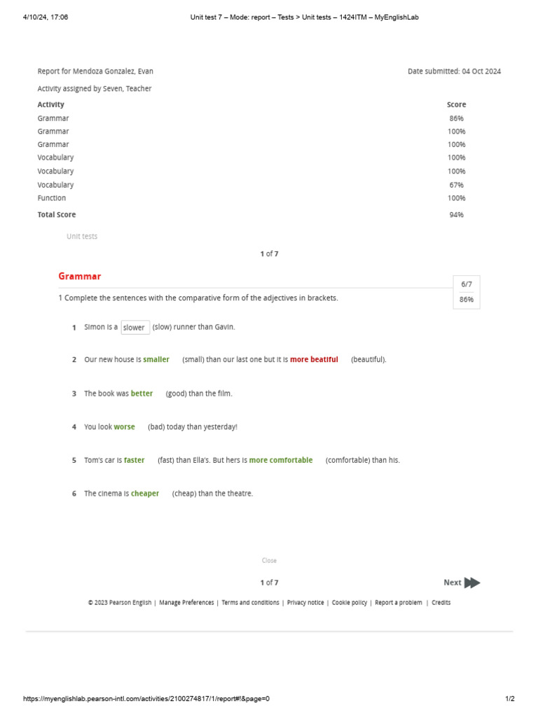 Unit Test 7 Report for Evan Mendoza | PDF | Linguistics | Grammar