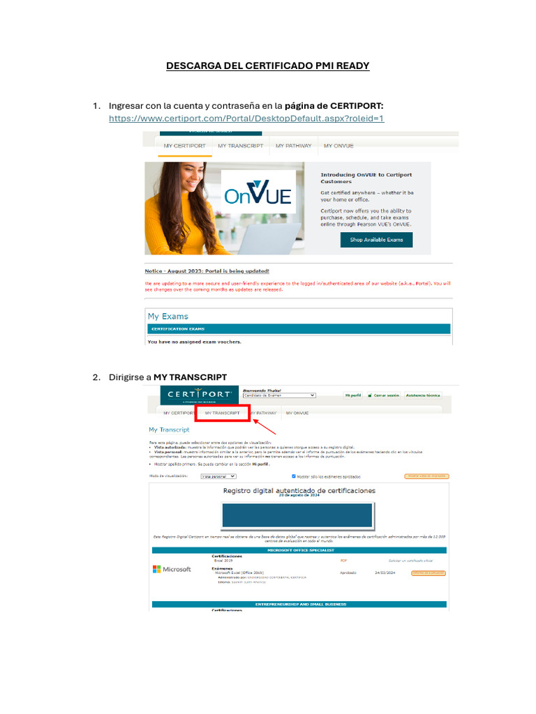 Manual de Descarga Del Certificado Pmi Ready - Certiport | PDF